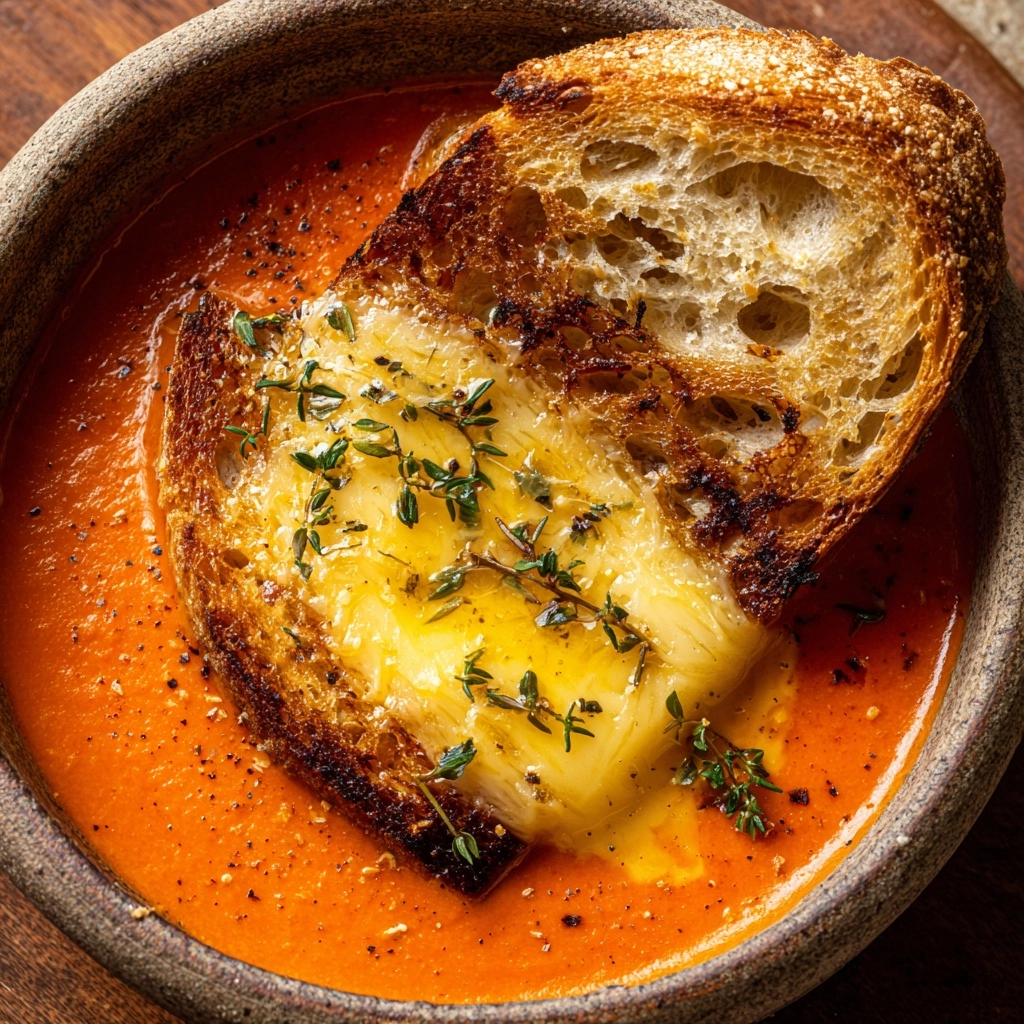 Tomato Soup with Cheese and Onion Toast Recipe - Recipe Image