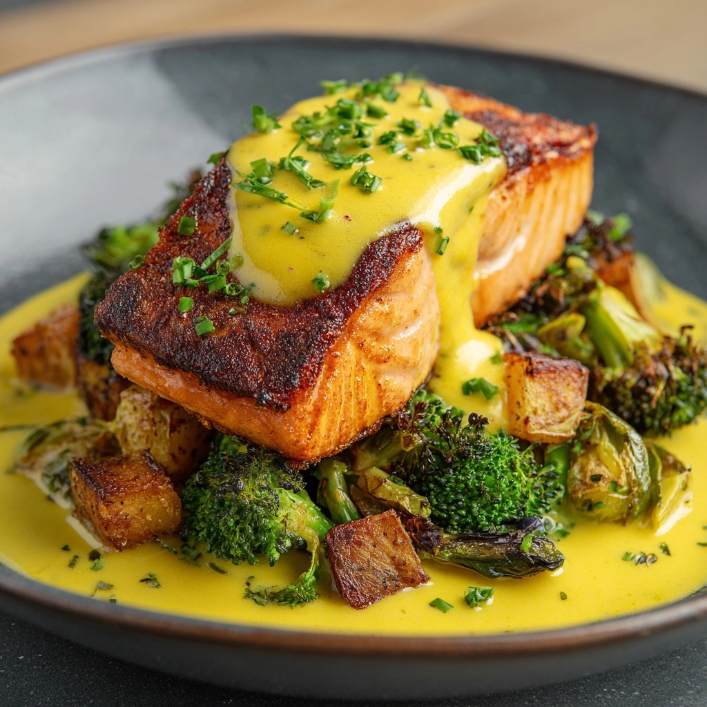 Lemon Butter Salmon with Crispy Potatoes and Broccoli Recipe - Recipe Image