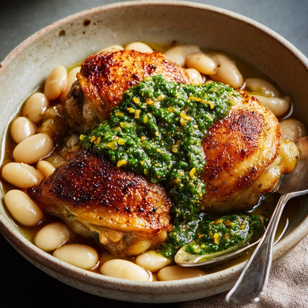 One-Pan Crispy Chicken with Cannellini Beans and Pistachio Pesto Recipe - Recipe Image