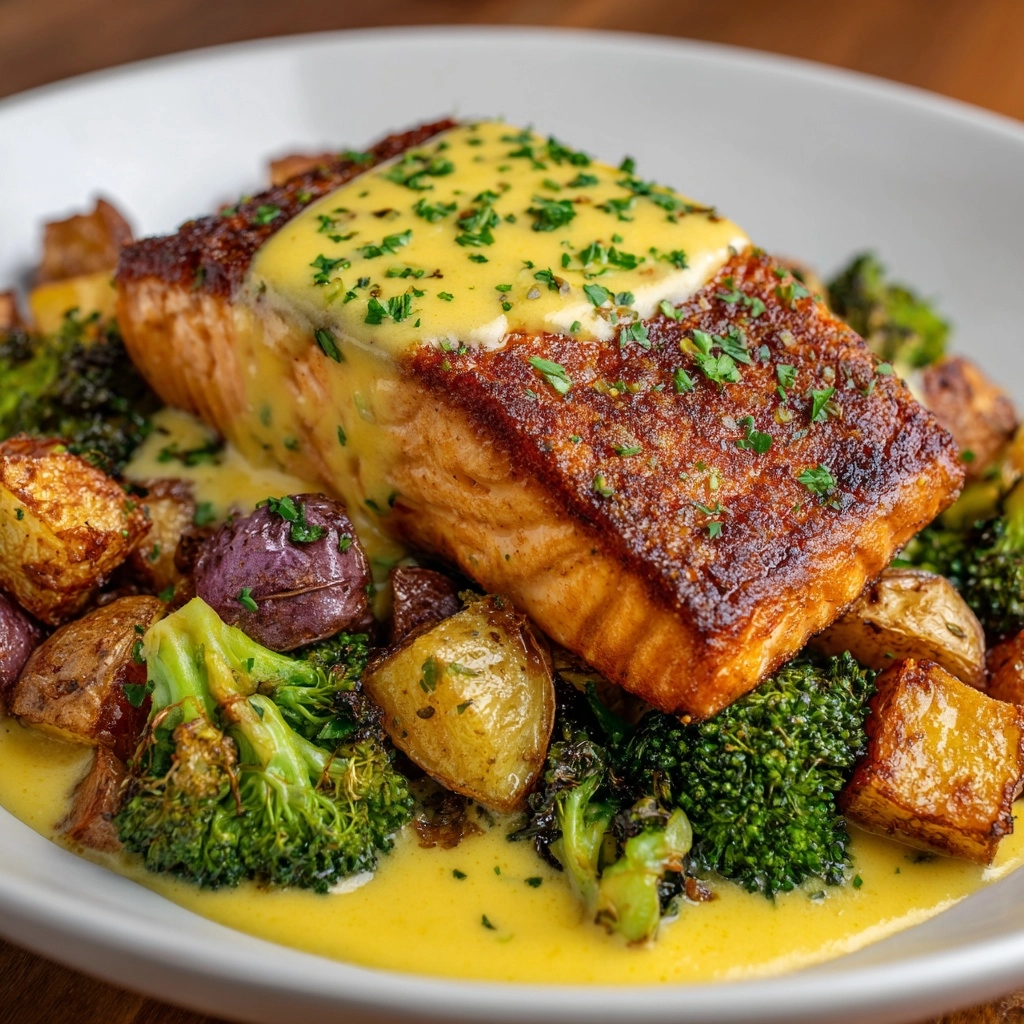 Lemon Butter Salmon with Crispy Potatoes and Broccoli Recipe - Recipe Image