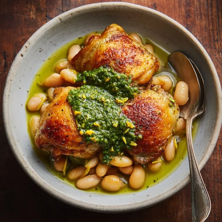 One-Pan Crispy Chicken with Cannellini Beans and Pistachio Pesto Recipe