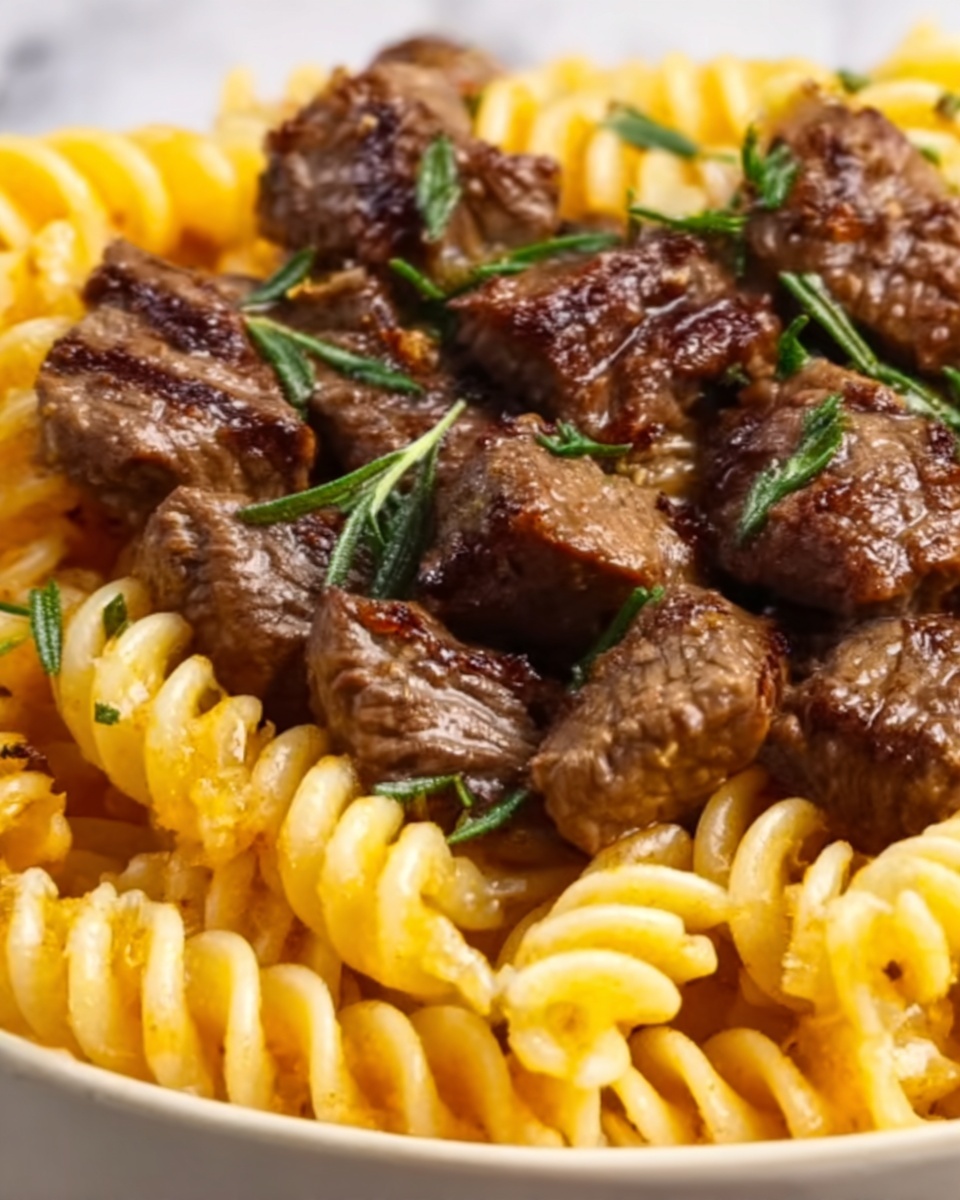 Cheesy Steak Bites and Rotini Pasta Recipe - Recipe Image