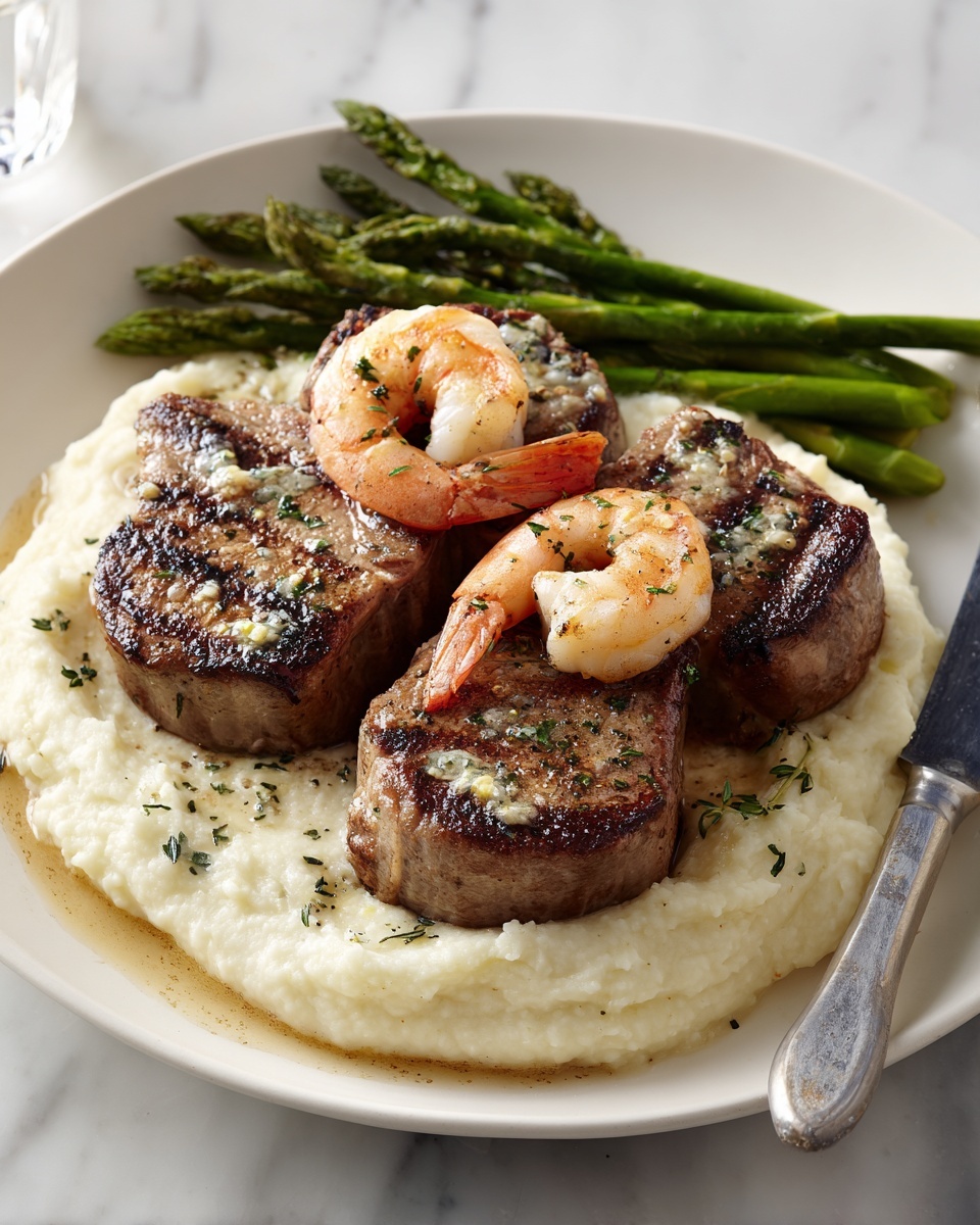 Succulent Lamb Chops Over Lobster Mashed Potatoes with Asparagus Recipe - Recipe Image