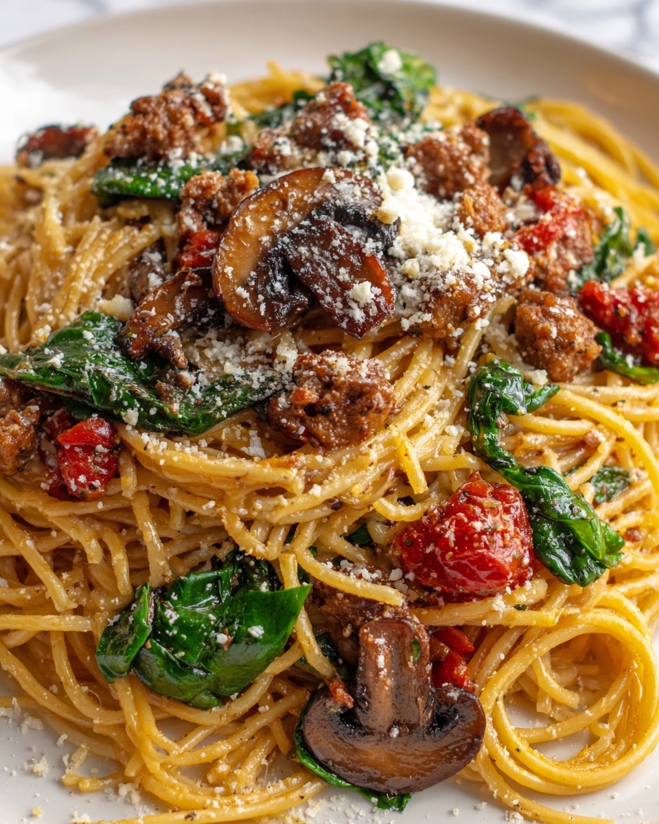 Italian Sausage Pasta with Spinach, Mushrooms, and Marinara Sauce Recipe - Recipe Image
