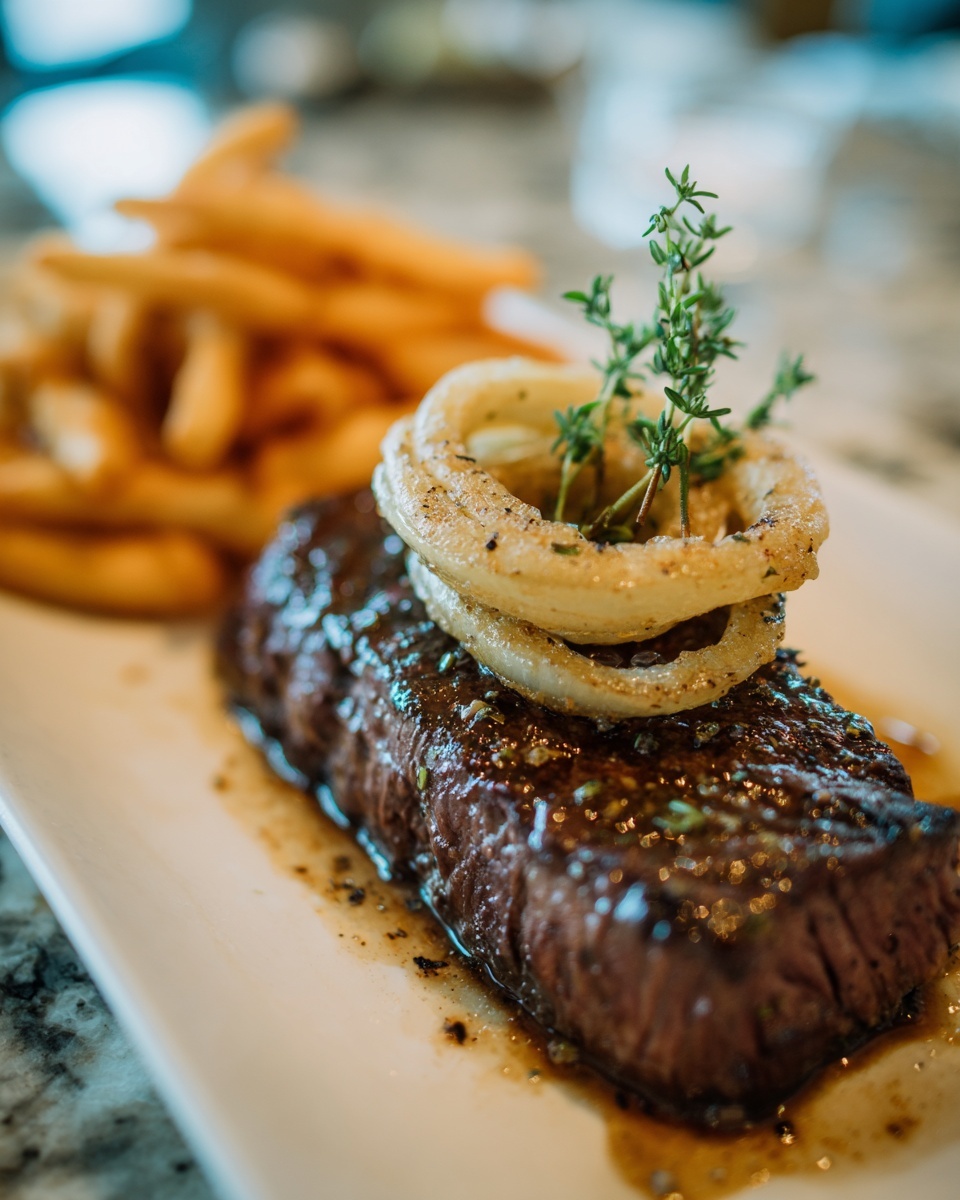 Ribeye Steak with Caramelized Onions and Crispy French Fries Recipe - Recipe Image