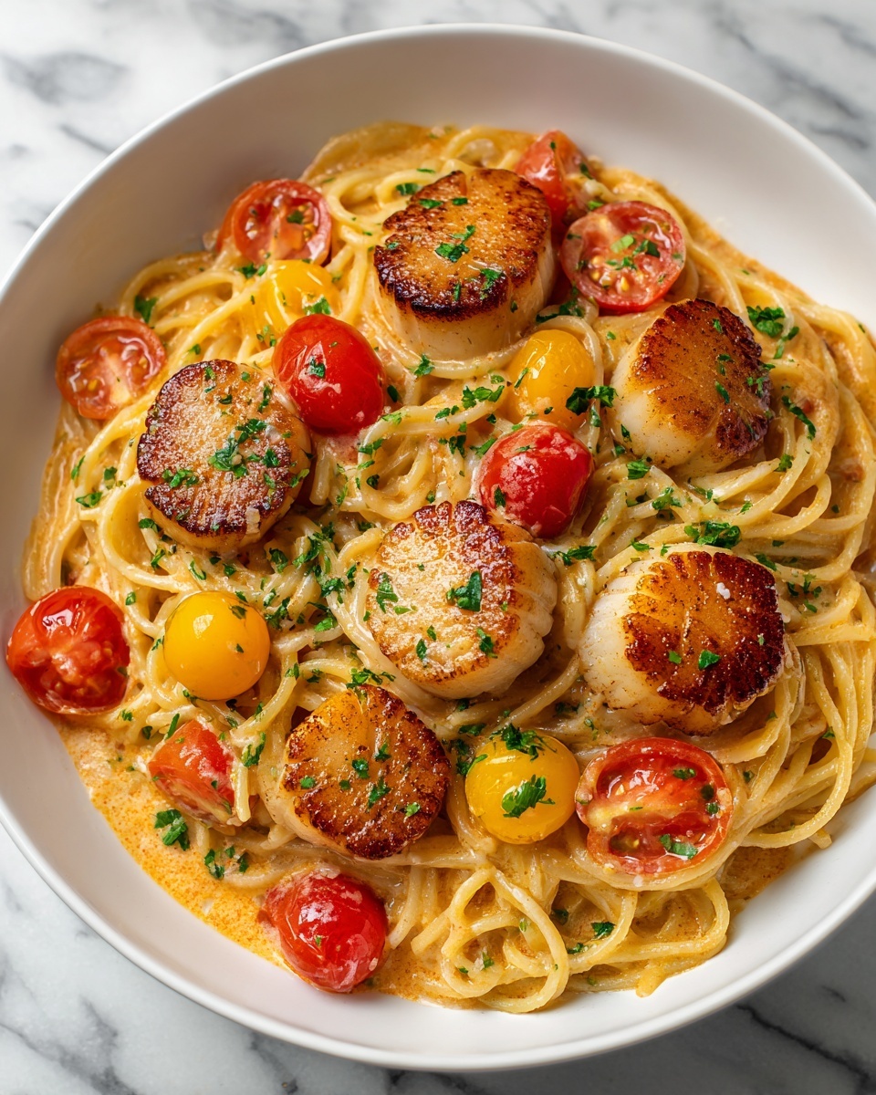 Shrimp Scallop Pasta with Cherry Tomatoes Recipe - Recipe Image