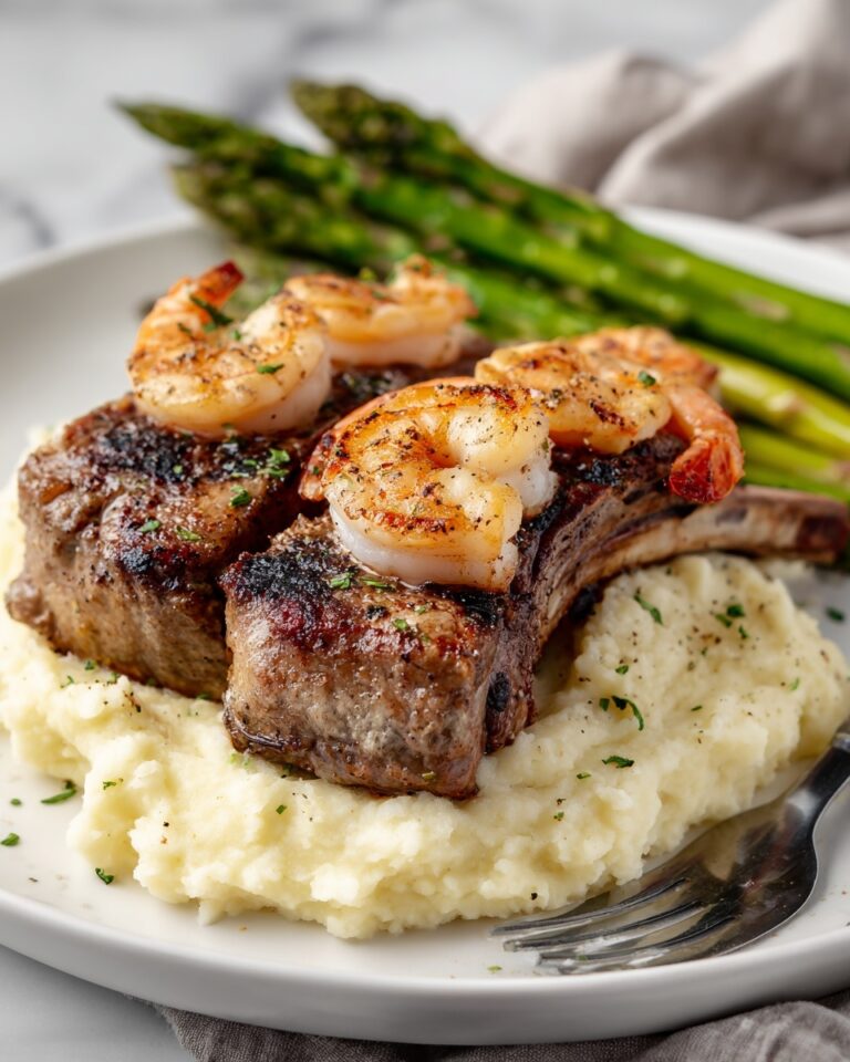 Succulent Lamb Chops Over Lobster Mashed Potatoes with Asparagus Recipe