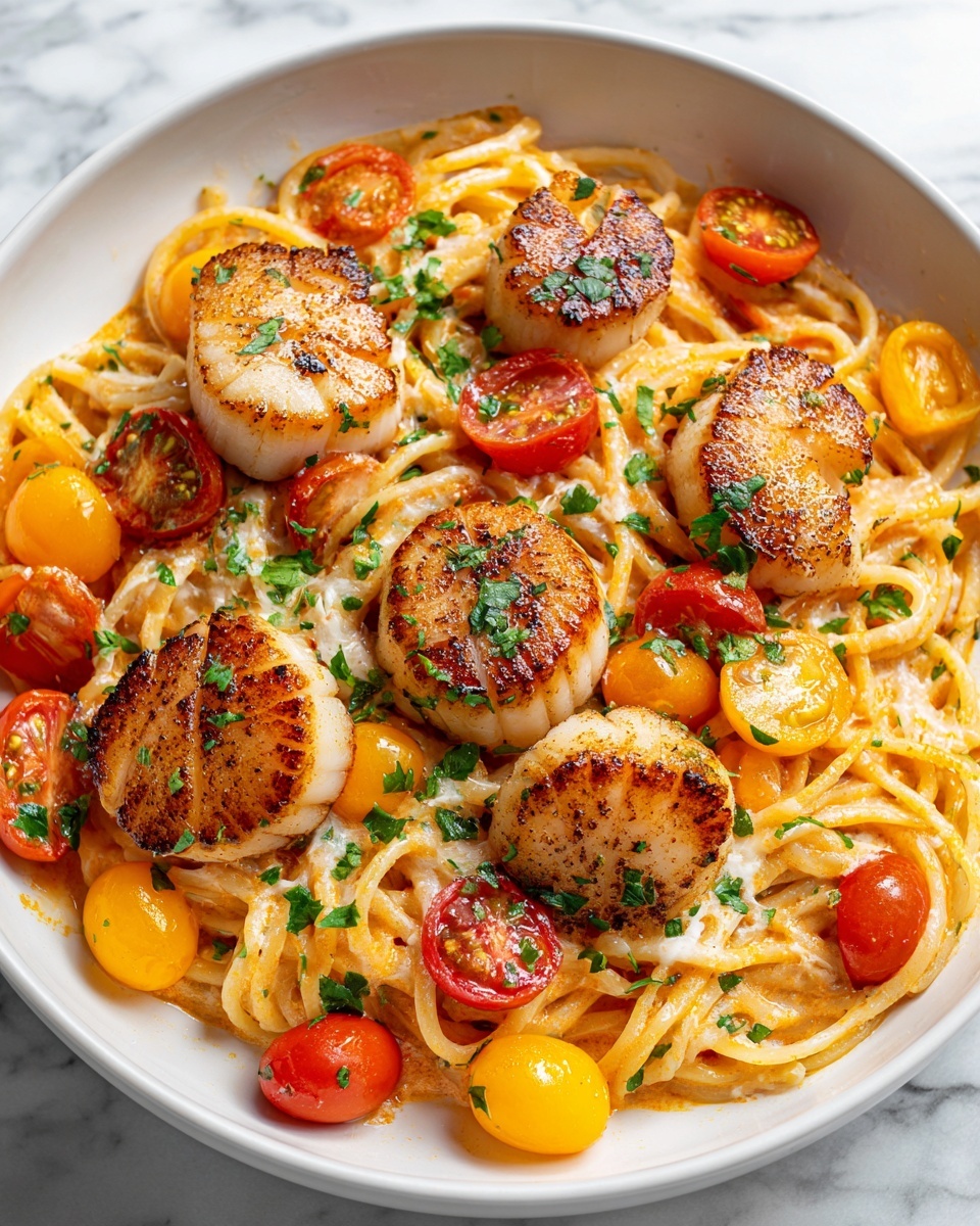 Shrimp Scallop Pasta with Cherry Tomatoes Recipe - Recipe Image