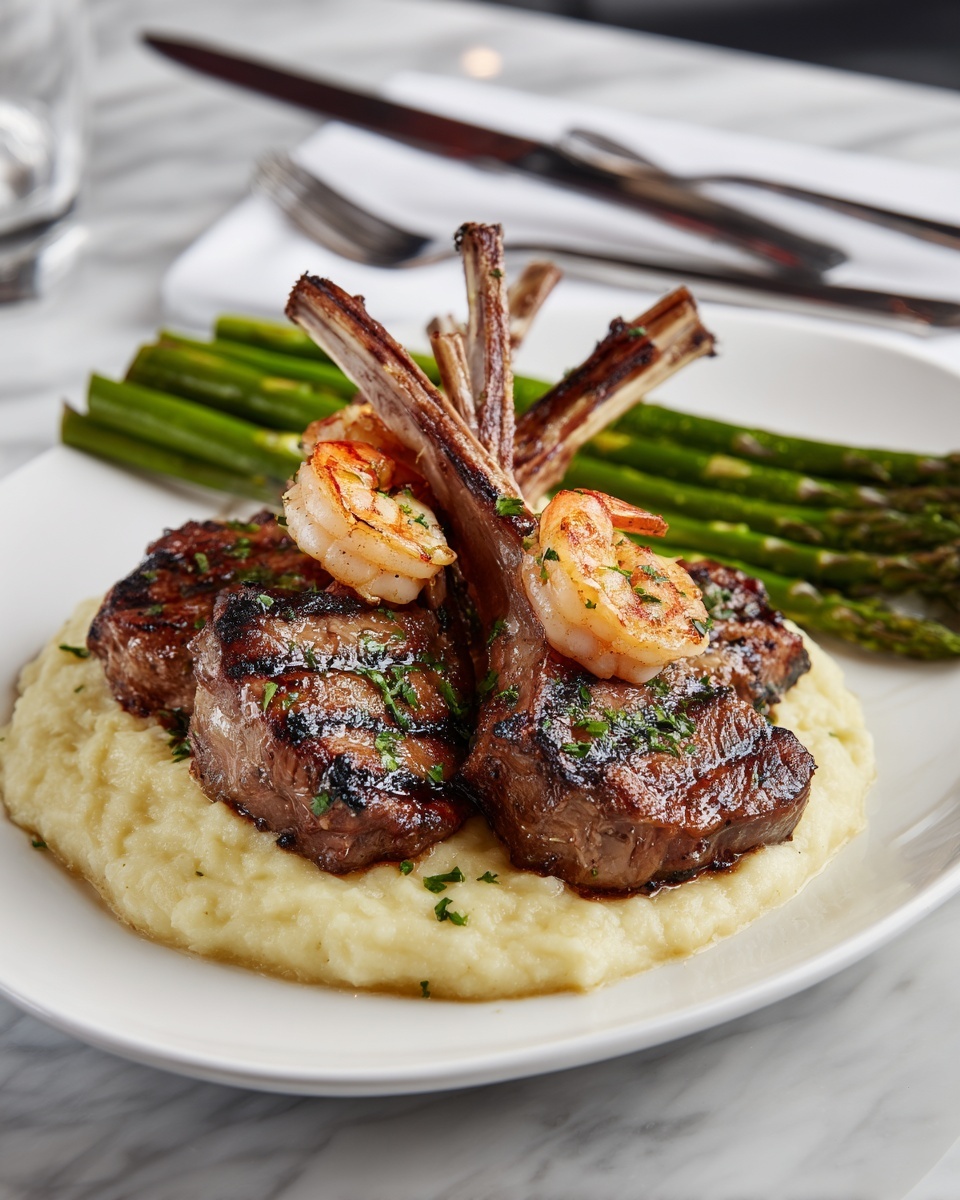 Succulent Lamb Chops Over Lobster Mashed Potatoes with Asparagus Recipe - Recipe Image