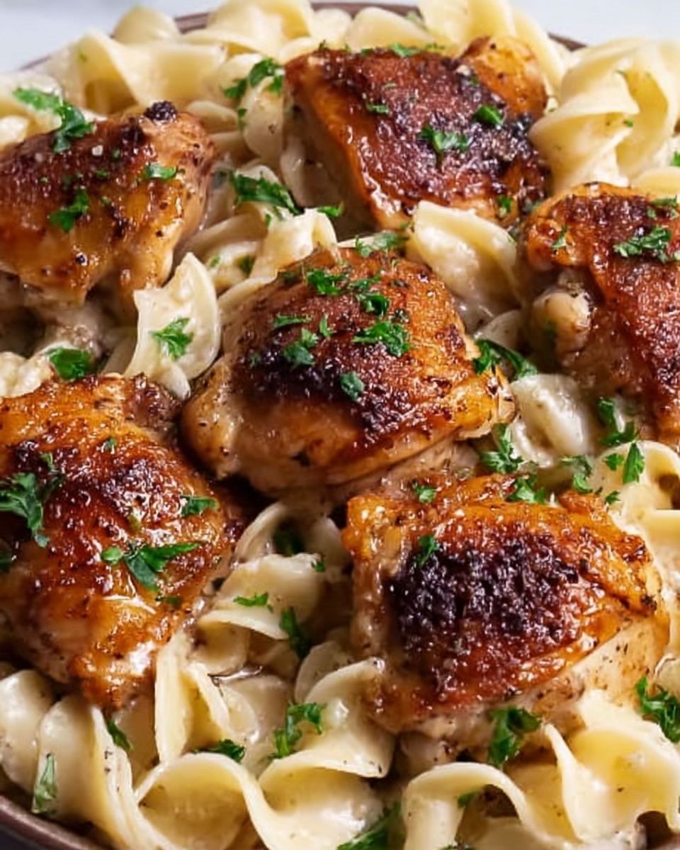 One-Pan Creamy Garlic Butter Chicken with Egg Noodles Recipe - Recipe Image