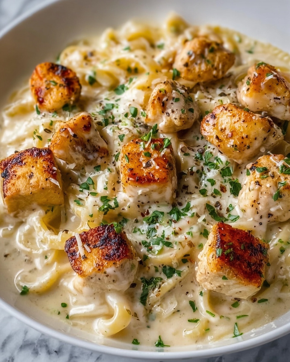 Creamy Parmesan Pasta with Garlic Butter Chicken Bites Recipe - Recipe Image