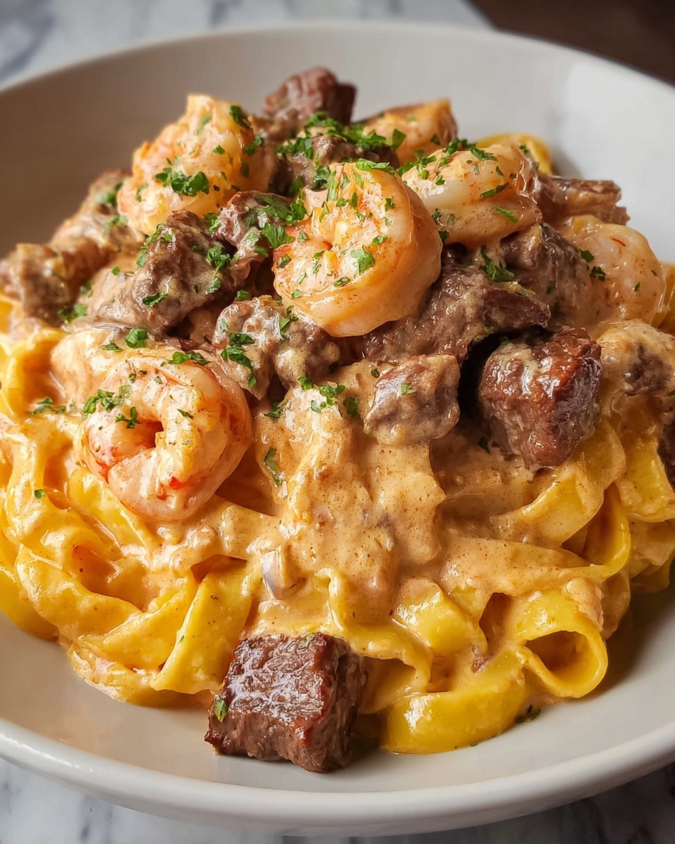 Spicy Shrimp and Steak Alfredo Delight Recipe - Recipe Image