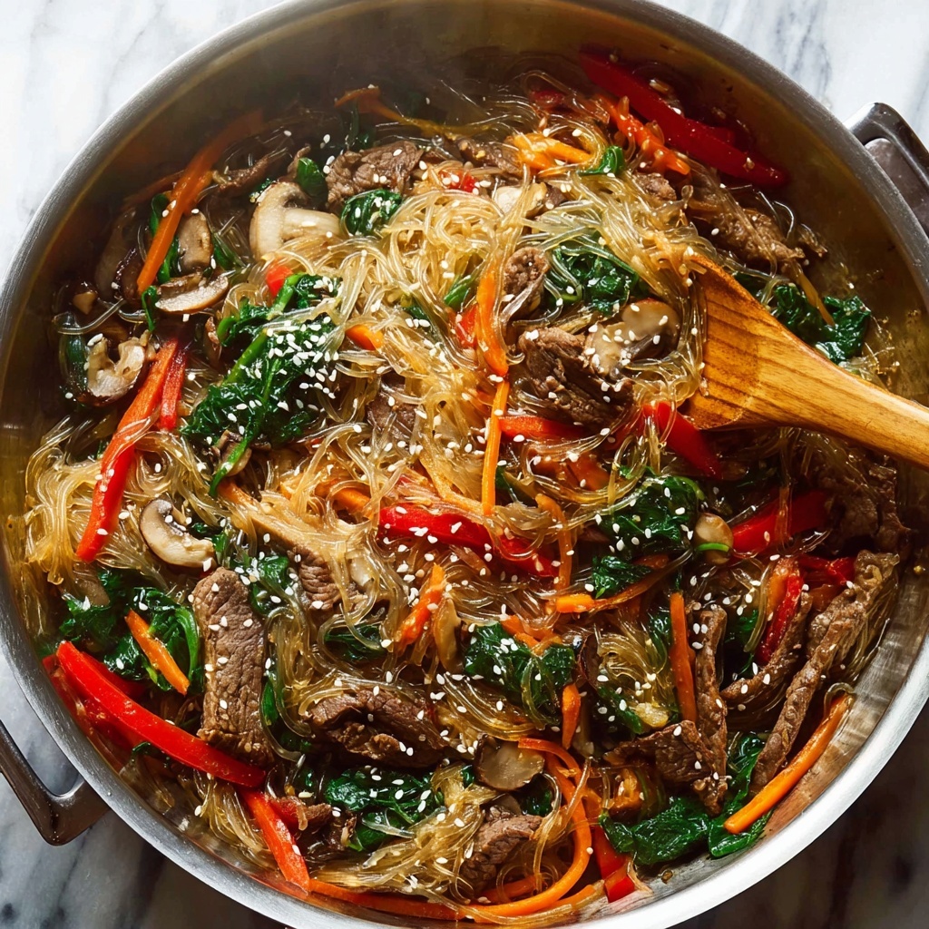 Japchae - Korean Sweet Potato Noodles with Beef and Vegetables Recipe - Recipe Image