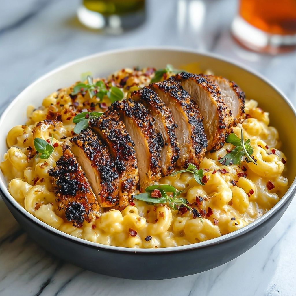 Sweet and Spicy Honey Pepper Chicken with Creamy Macaroni Cheese Recipe - Recipe Image