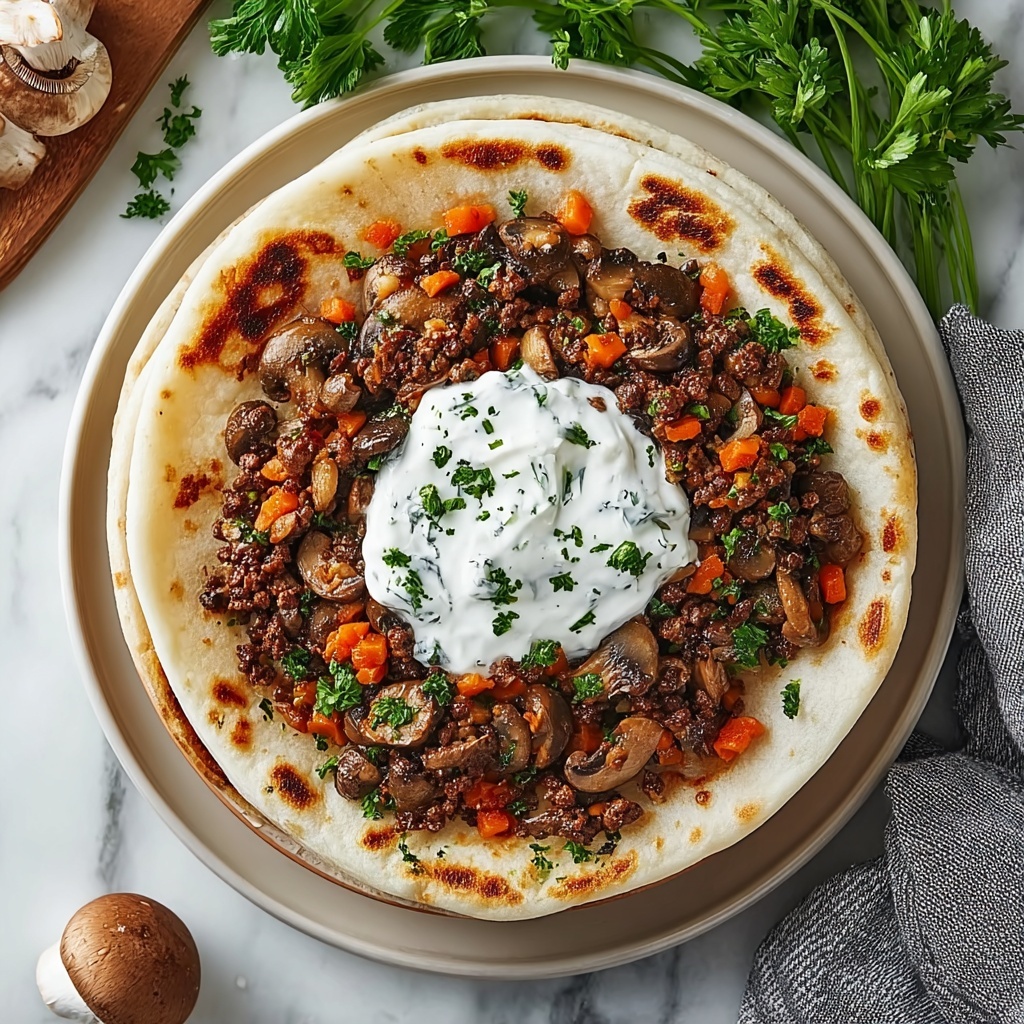 Cheesy Beef and Mushroom Pita Pockets with Tzatziki Sauce Recipe - Recipe Image