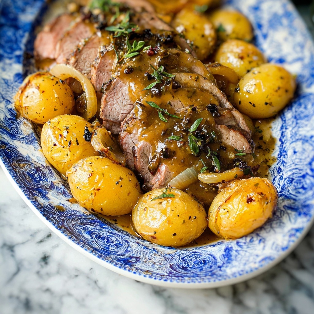 Honey Mustard Pork Tenderloin with Roasted Potatoes and Onions Recipe - Recipe Image