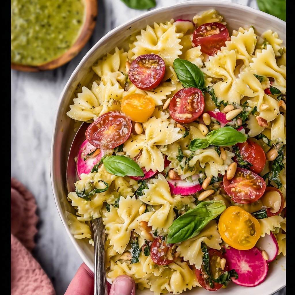 Pesto Pasta Salad with Prosciutto, Peperoncini, and Cherry Tomatoes Recipe - Recipe Image