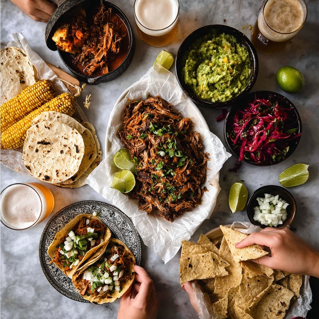 Mexican Fiesta Taco Platter with Pork Carnitas, Chicken, Fish, and Vibrant Sides Recipe - Recipe Image