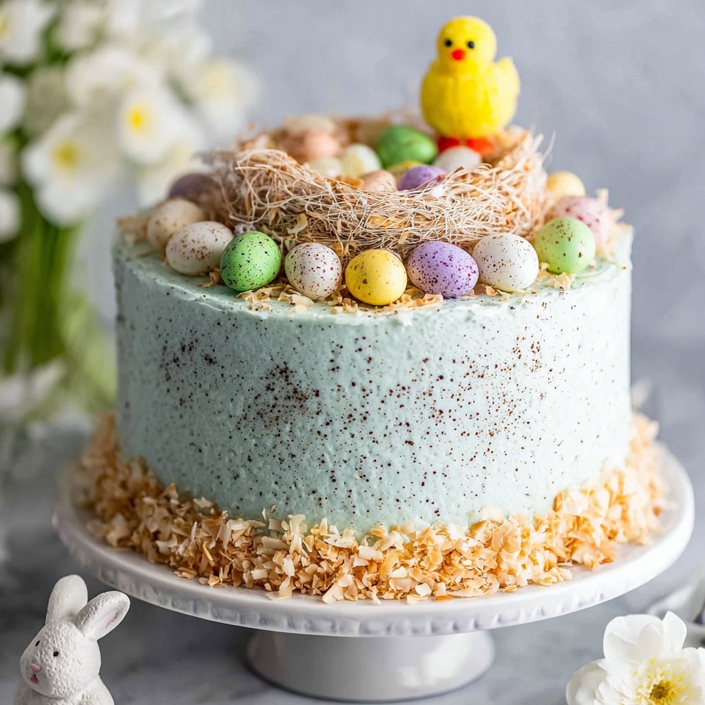 Easter Cake with Coconut Flakes and Pastel Egg Decorations Recipe - Recipe Image