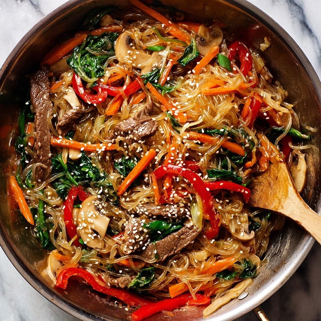Japchae - Korean Sweet Potato Noodles with Beef and Vegetables Recipe - Recipe Image
