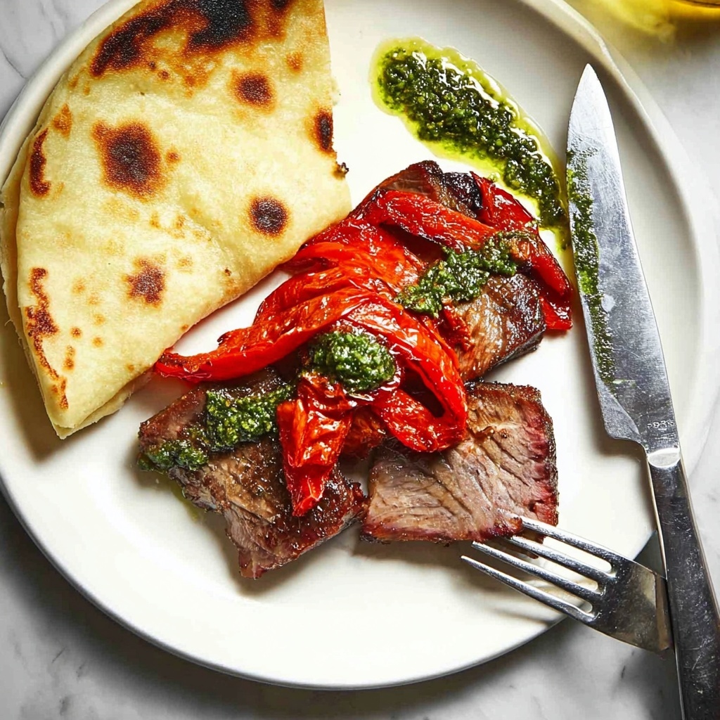 Sirloin Steak with Pesto, Bell Peppers, and Flatbread Recipe - Recipe Image
