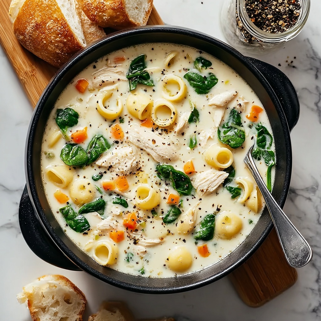 Creamy Chicken Soup with Pasta and Spinach Recipe - Recipe Image