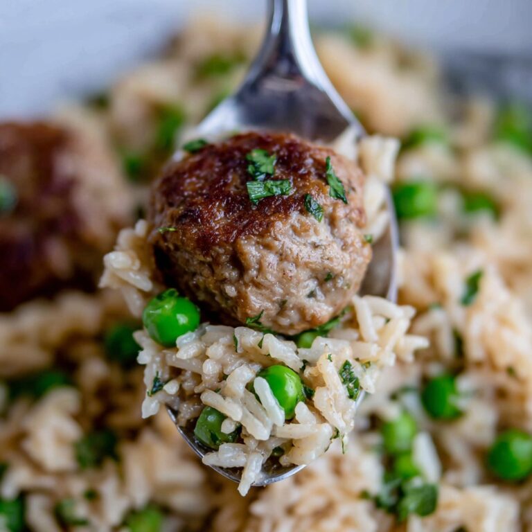 Meatballs and Rice Skillet with Peas and Herbs Recipe