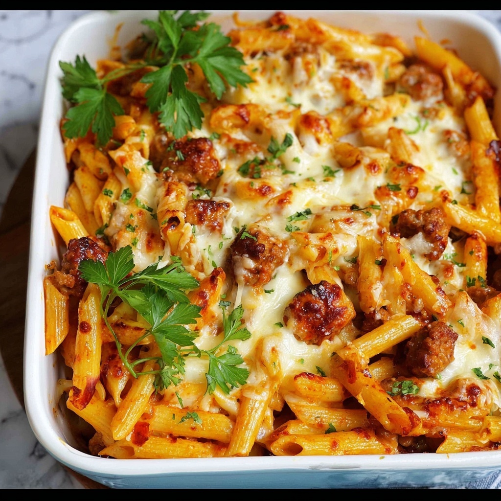 Mostaccioli Bake with Italian Sausage, Ricotta, and Mozzarella Recipe - Recipe Image