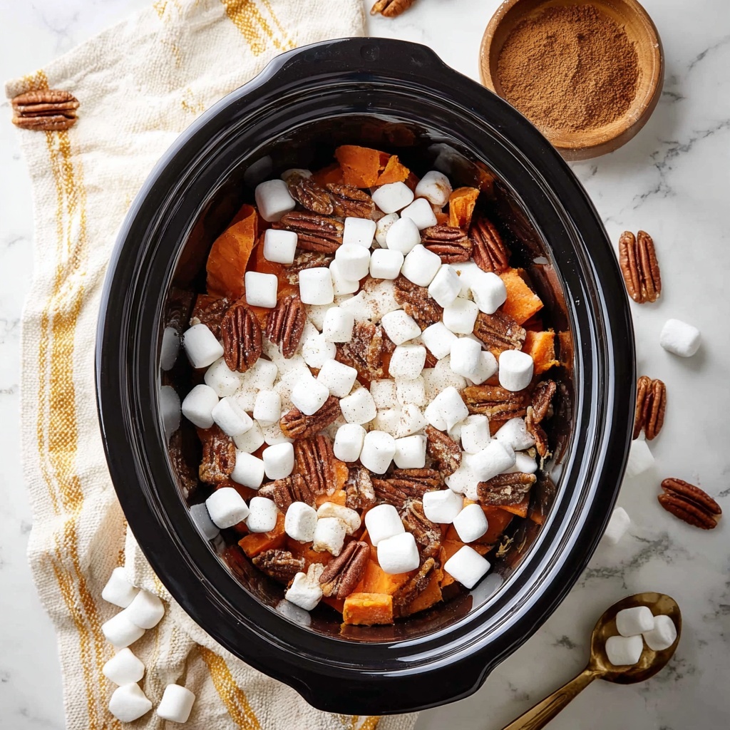 Crockpot Sweet Potato Casserole with Marshmallows and Pecans Recipe - Recipe Image