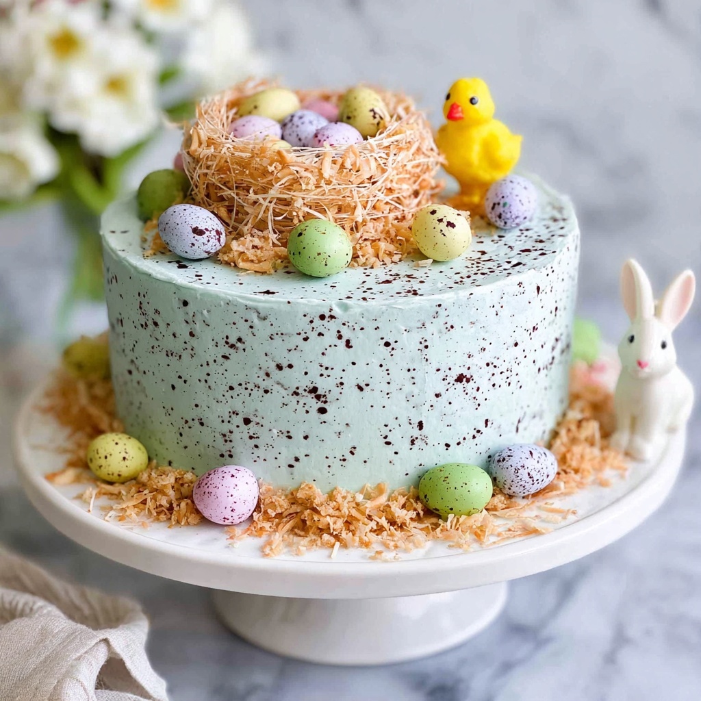 Easter Cake with Coconut Flakes and Pastel Egg Decorations Recipe - Recipe Image