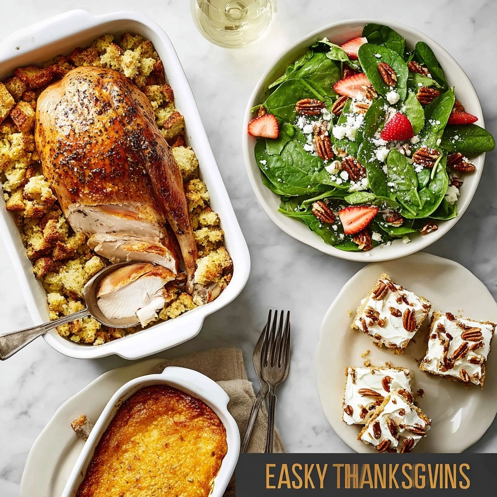 Easy Thanksgiving Menu: Juicy Slow Cooker Turkey Breast, Cranberry Sauce, Cheesy Potato Bake, Wild Rice Salad, Brussel Sprout Salad with Hazelnuts, Creamy Corn Casserole, Soft No-Knead Dinner Rolls, and Pumpkin Cake with Cream Cheese Frosting Recipe - Recipe Image