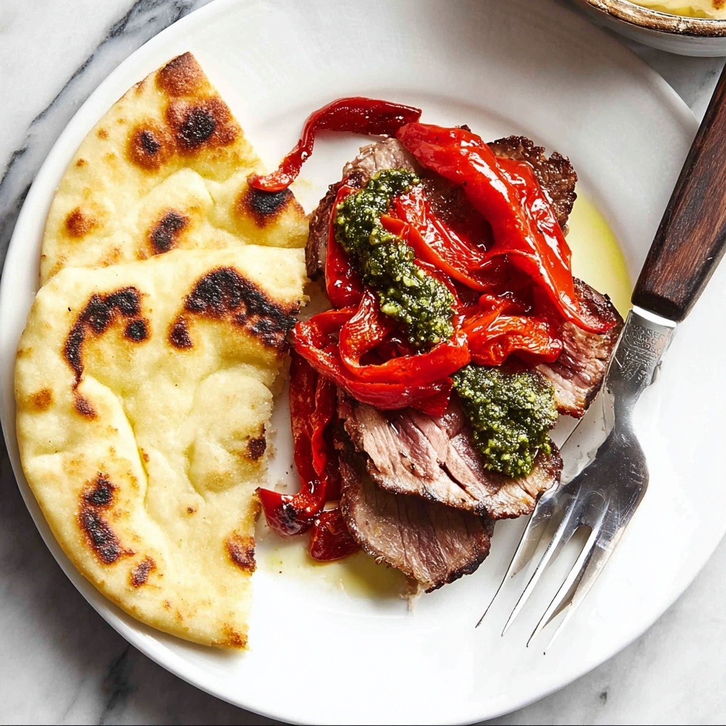 Sirloin Steak with Pesto, Bell Peppers, and Flatbread Recipe - Recipe Image