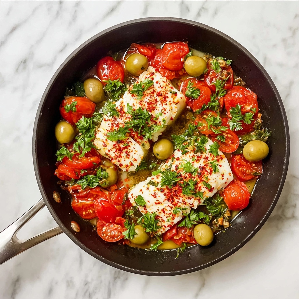 Poached Sea Bass with Tomatoes, Olives, and White Wine Recipe - Recipe Image