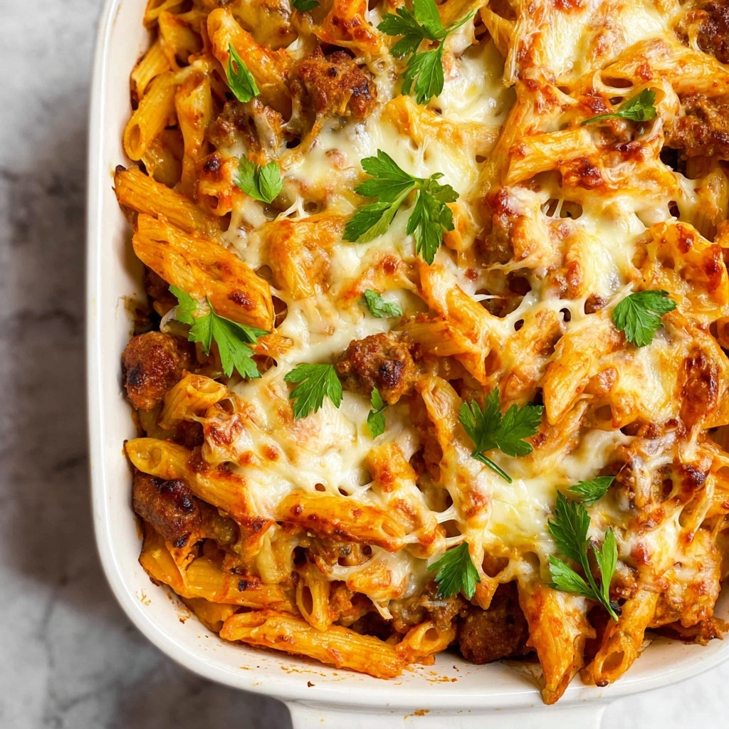 Mostaccioli Bake with Italian Sausage, Ricotta, and Mozzarella Recipe - Recipe Image
