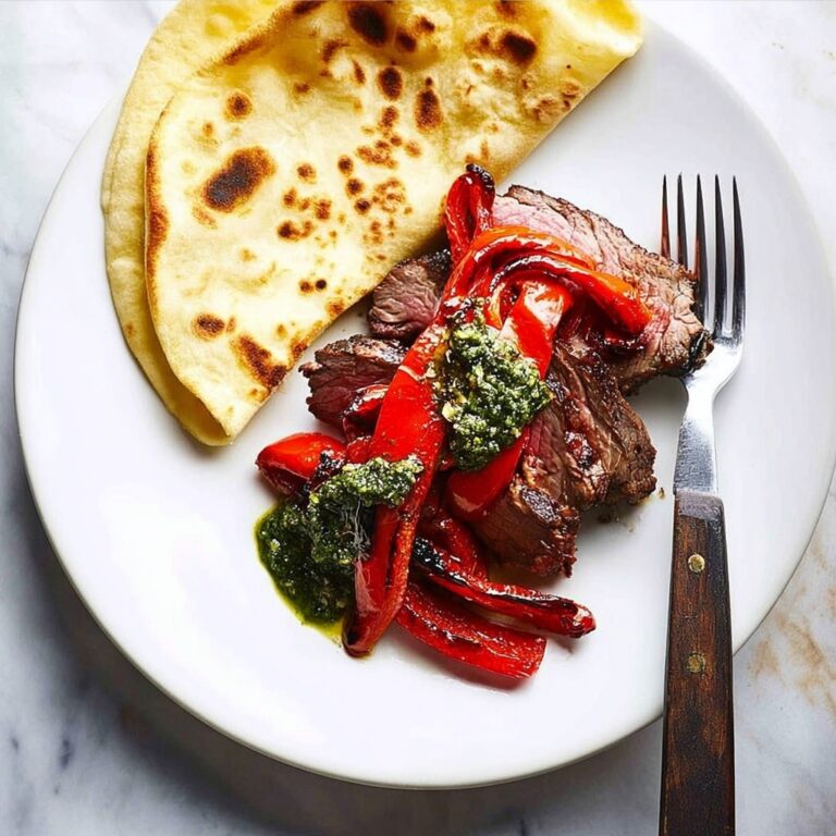 Sirloin Steak with Pesto, Bell Peppers, and Flatbread Recipe
