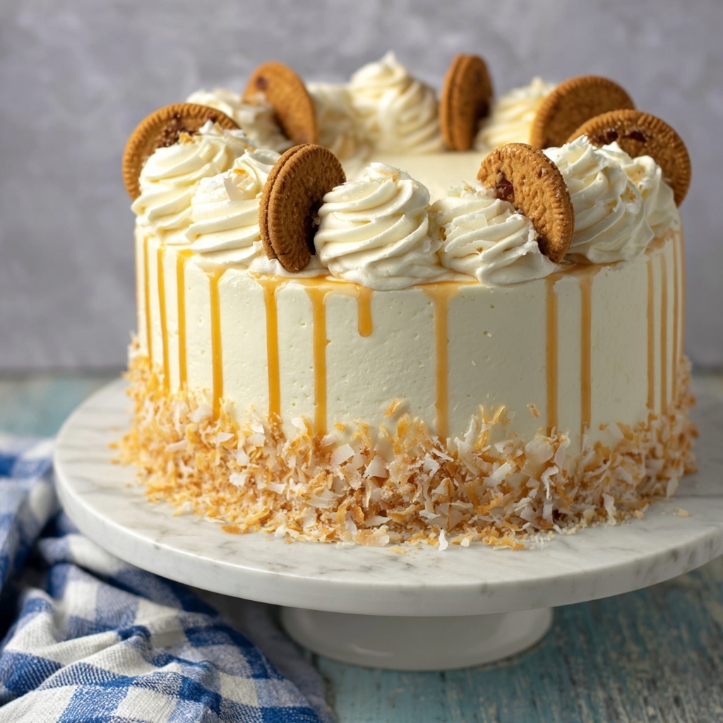 Banana Pudding Cake with Toasted Coconut and Caramel Drizzle Recipe - Recipe Image