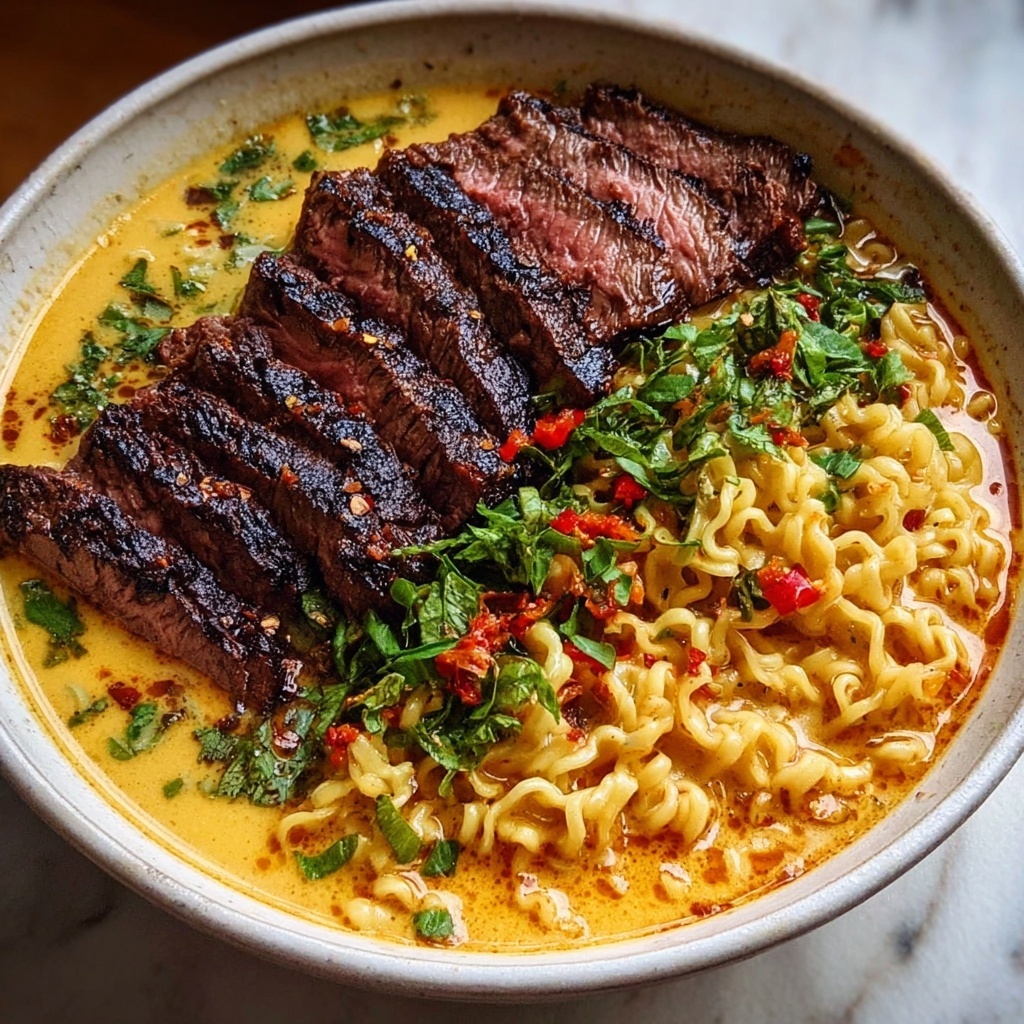 Spicy Korean Ramen with Grilled Beef & Creamy Sauce Recipe - Recipe Image