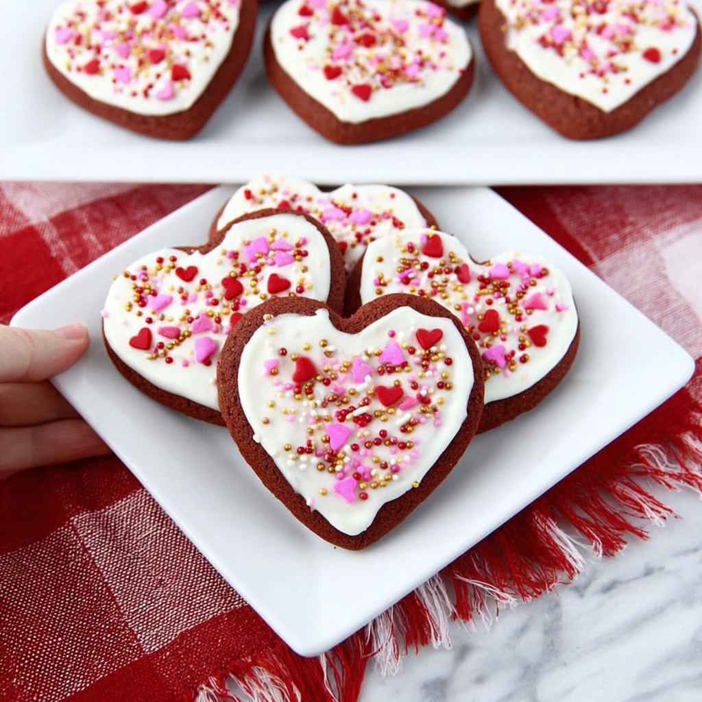 Red Velvet Heart-Shaped Sprinkle Cookies with White Chocolate Frosting Recipe - Recipe Image