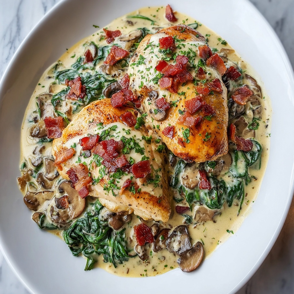 Rich & Creamy Smothered Chicken with Spinach, Bacon & Mushrooms Recipe - Recipe Image