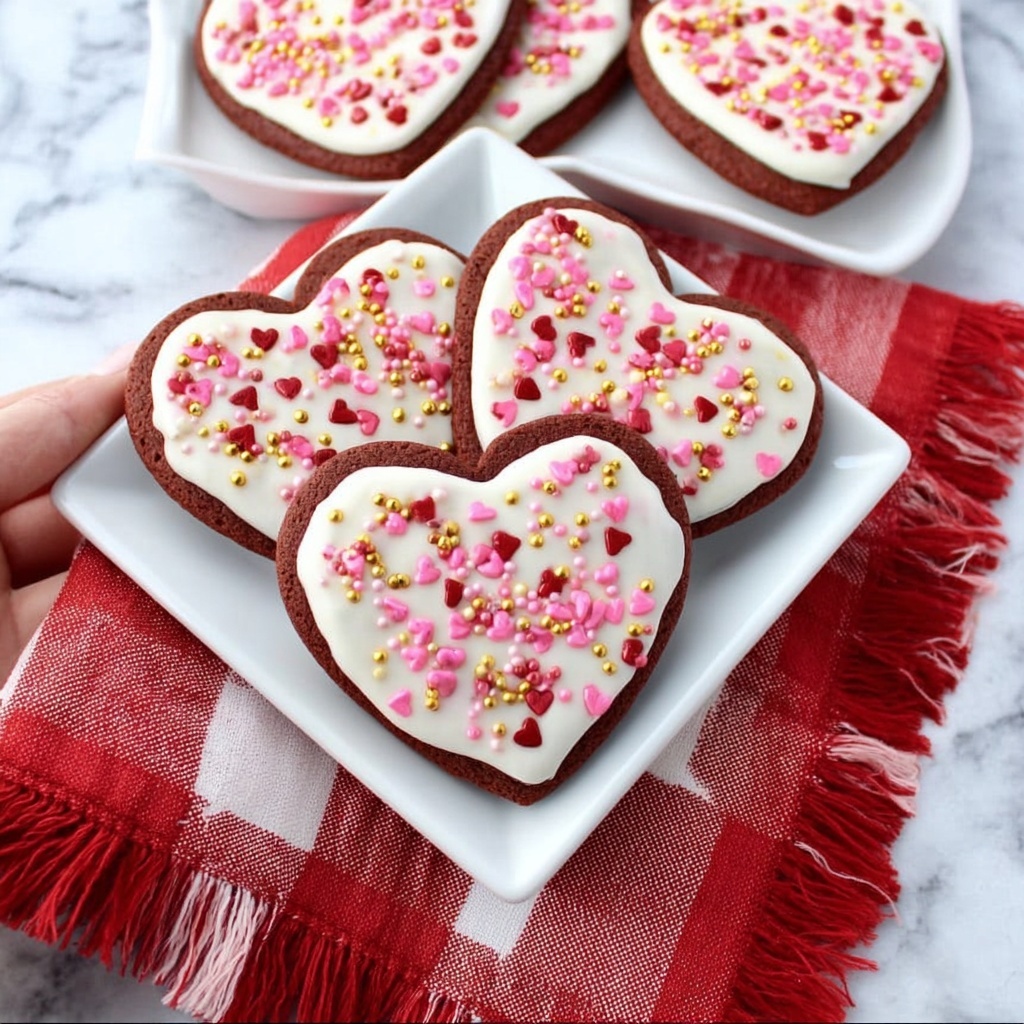 Red Velvet Heart-Shaped Sprinkle Cookies with White Chocolate Frosting Recipe - Recipe Image