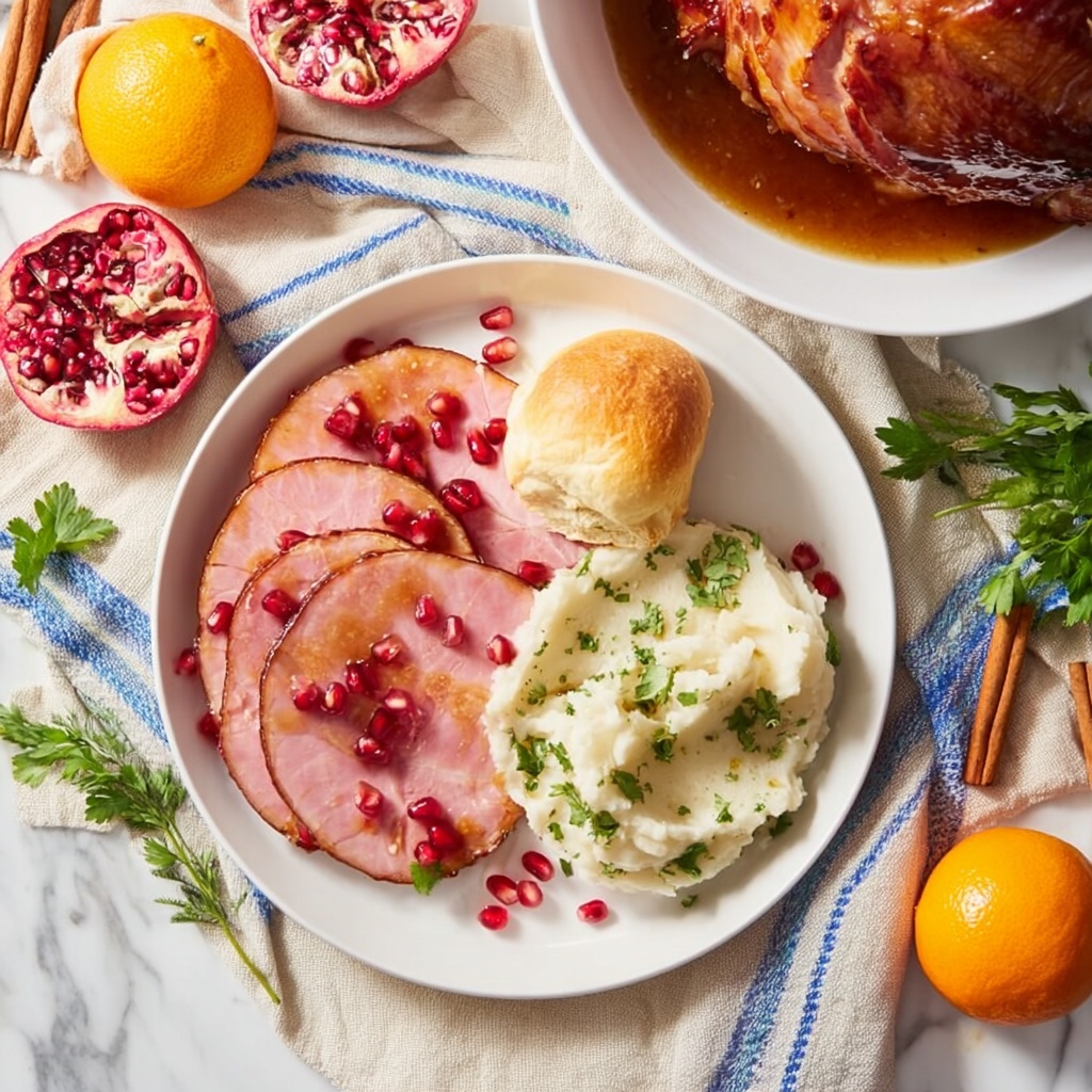 Christmas Orange-Glazed Spiral Ham with Pomegranate Seeds Recipe - Recipe Image