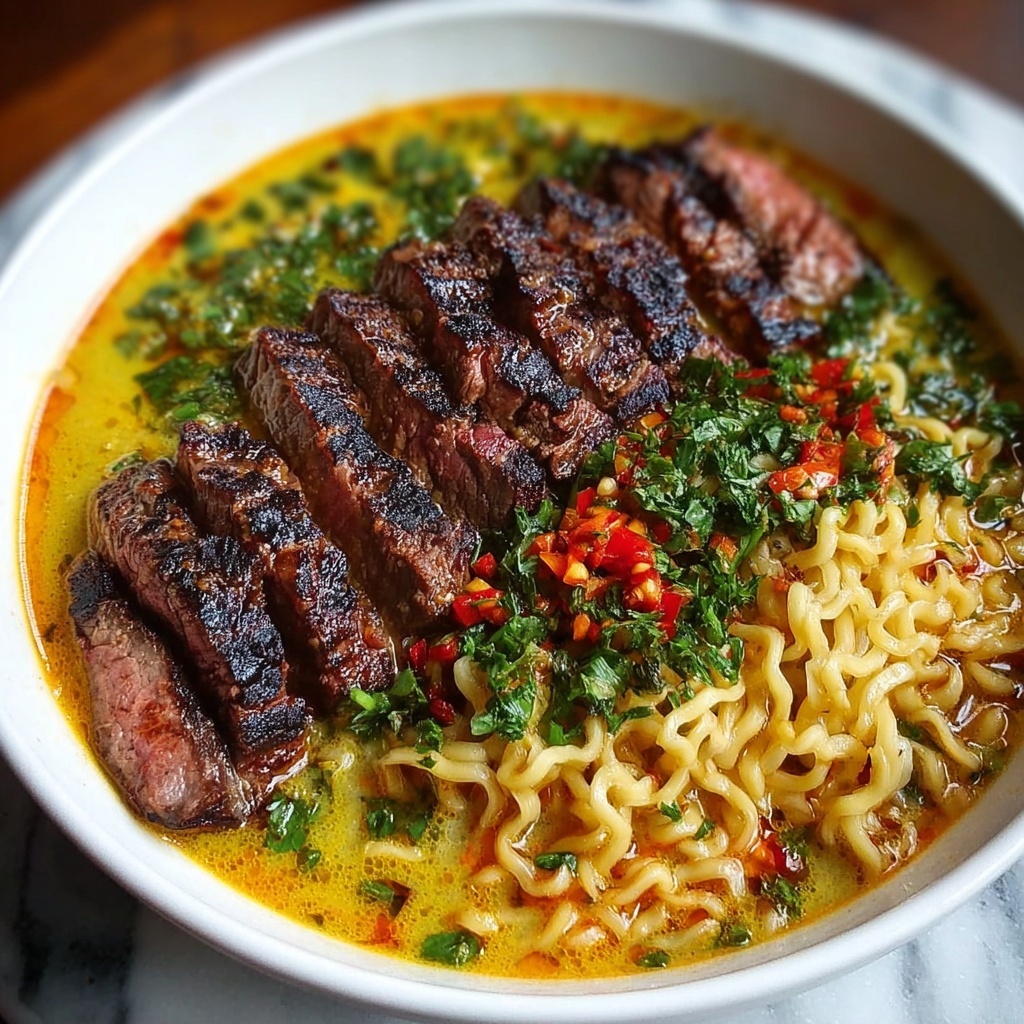 Spicy Korean Ramen with Grilled Beef & Creamy Sauce Recipe - Recipe Image