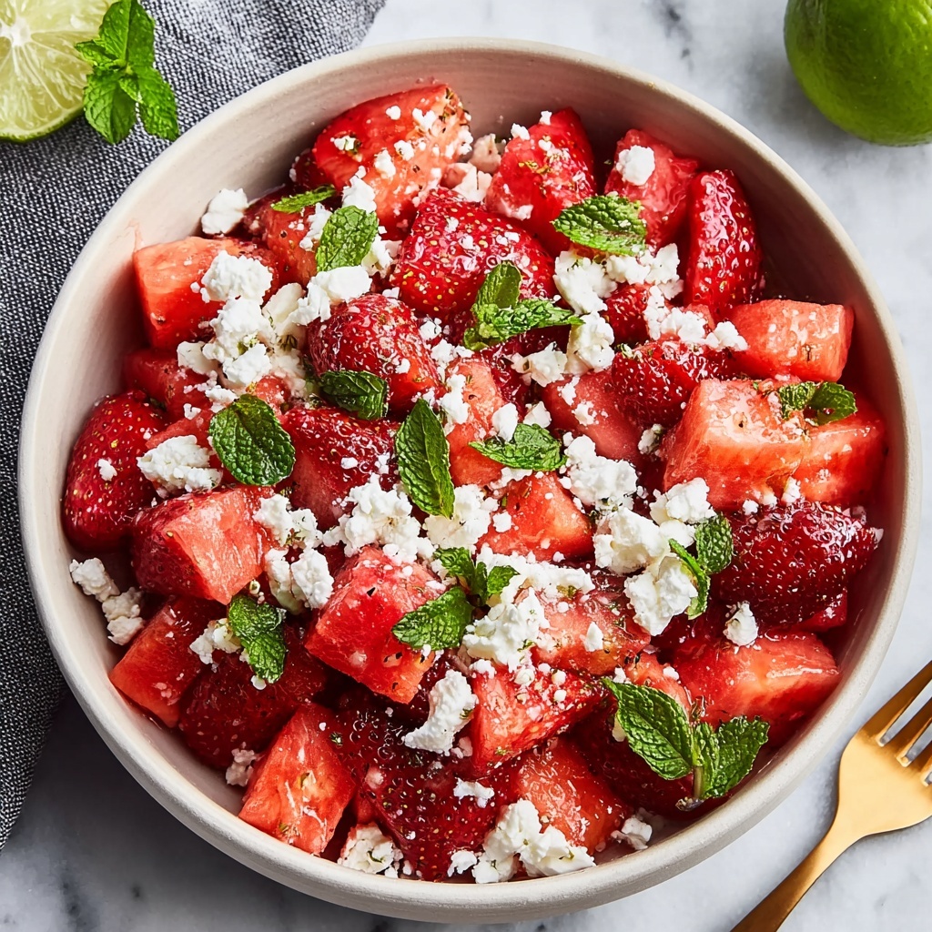 Watermelon Salad With Strawberries & Honey Lime Dressing Recipe - Recipe Image