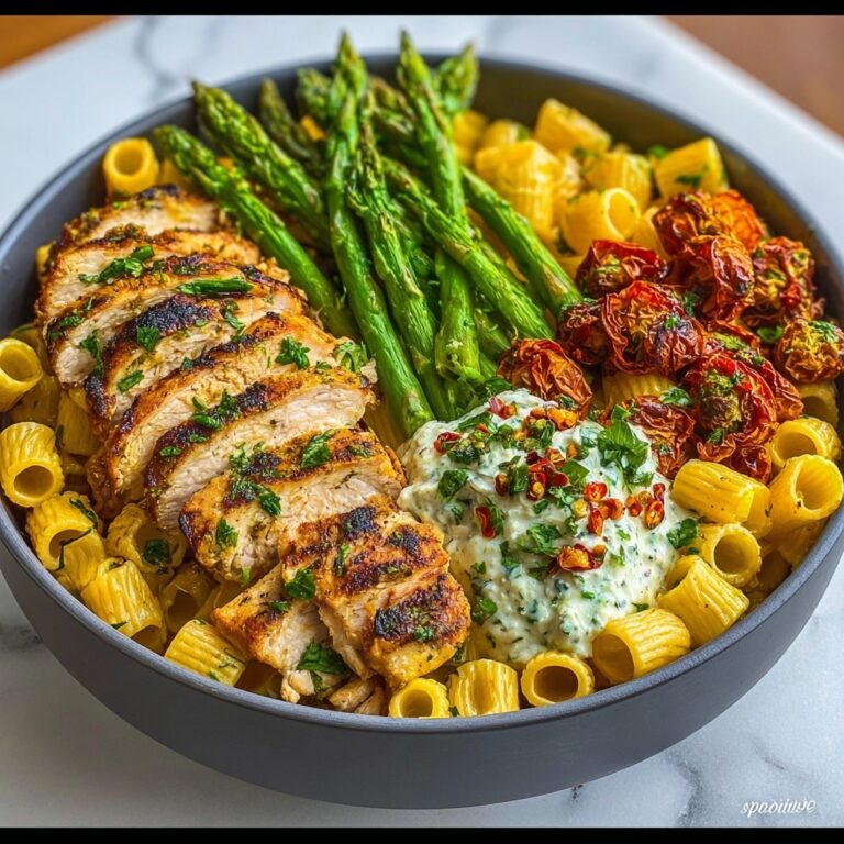 Zesty Greek Chicken Pasta with Spicy Harissa Feta Cream and Roasted Asparagus Crisps Recipe