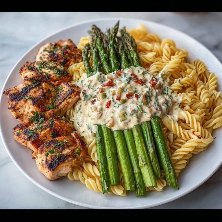 Savory Greek Chili Chicken Alfredo with Smoked Feta Cream & Crispy Parmesan Asparagus Recipe
