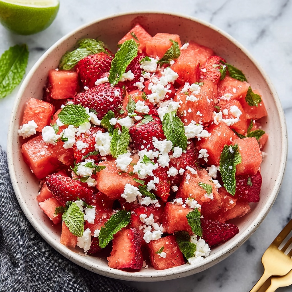 Watermelon Salad With Strawberries & Honey Lime Dressing Recipe - Recipe Image